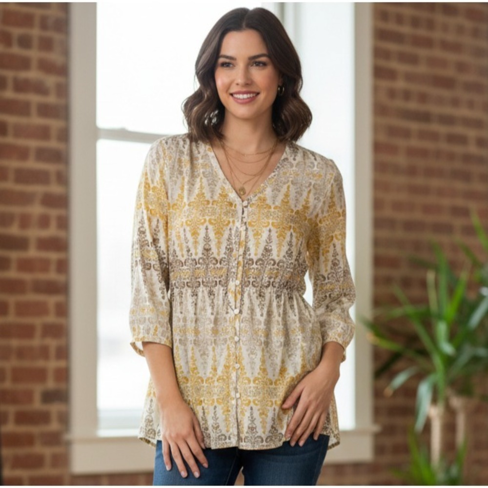Pendleton Silk V-Neck 3/4 Sleeves Geometric Button-Down Blouse Small‎ Boho